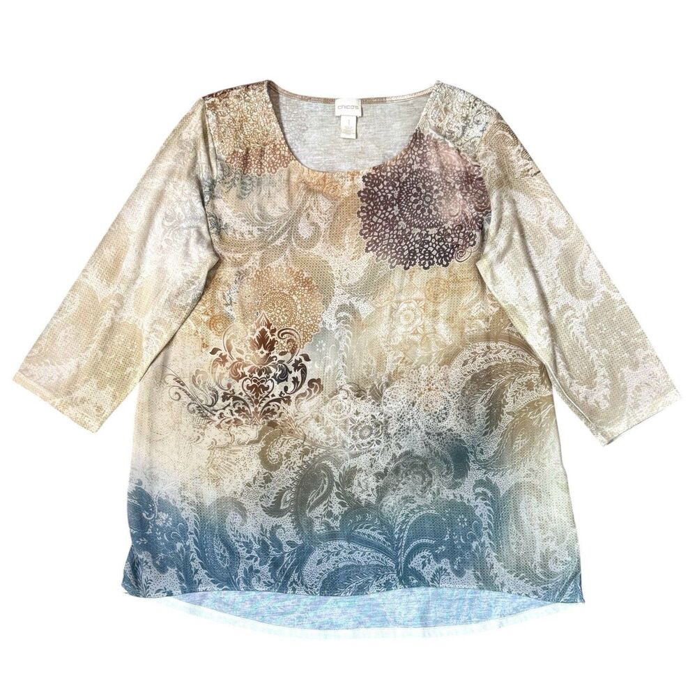 Chico's Paisley Ombre Scoop Neck Tunic in Blue, Brown, Cream